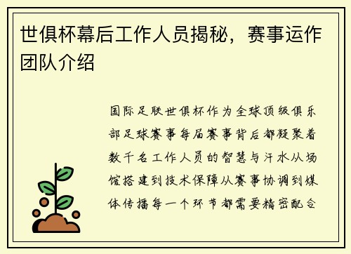 世俱杯幕后工作人员揭秘，赛事运作团队介绍
