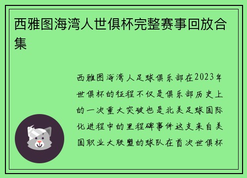 西雅图海湾人世俱杯完整赛事回放合集