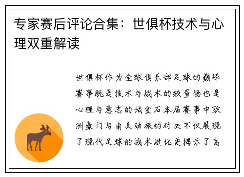 专家赛后评论合集：世俱杯技术与心理双重解读