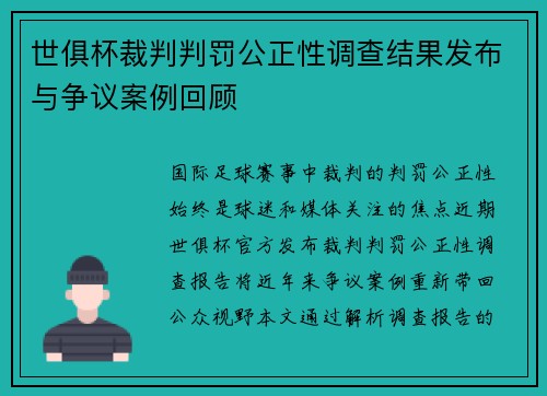 世俱杯裁判判罚公正性调查结果发布与争议案例回顾