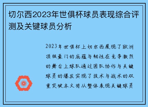 切尔西2023年世俱杯球员表现综合评测及关键球员分析
