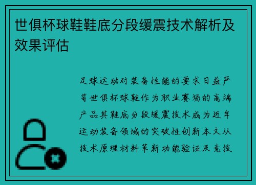 世俱杯球鞋鞋底分段缓震技术解析及效果评估